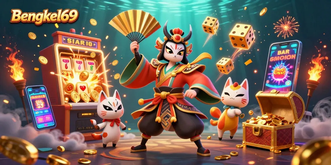 Bengkel69 players experience thrilling jackpots with captivating 3D characters and explosive slot elements in a dynamic scene.