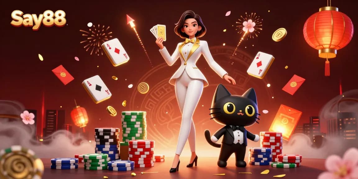 Say88 showcases thrilling gaming with a stylish tuxedoed woman shuffling cards amidst vibrant casino elements.