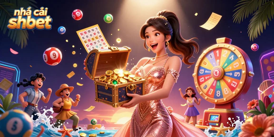 Experience excitement with nhà cái shbet, illustrated by a stunning 3D scene of a joyful woman revealing treasure, surrounded by colorful lottery elements.