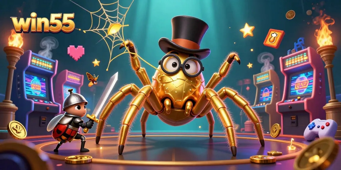 Experience the excitement of win55 as a golden tarantula weaves threads in a vibrant casino setting.
