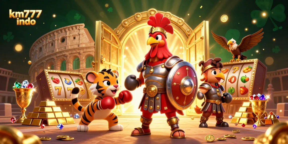 Engage with the vibrant km777 indo slots scene featuring gladiator rooster and treasures.