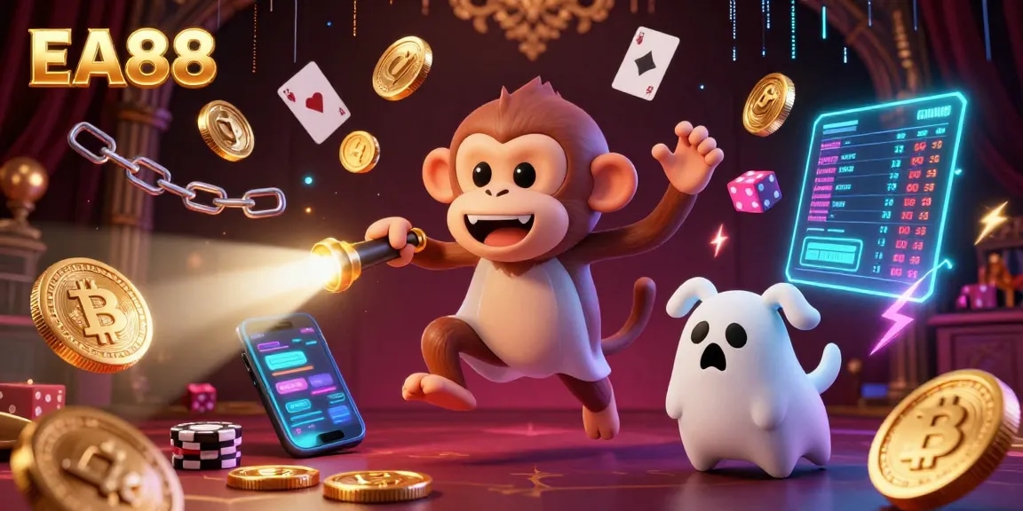 Experience the exciting gaming world of EA88 with a playful monkey and ghost-hunter puppy amidst vibrant casino elements.