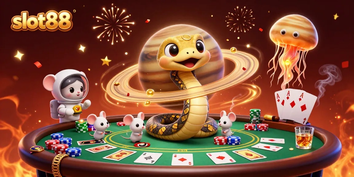 Slot88 menarik perhatian dengan ilustrasi kasino 3D yang dinamis, menampilkan ular rusa yang berputar.