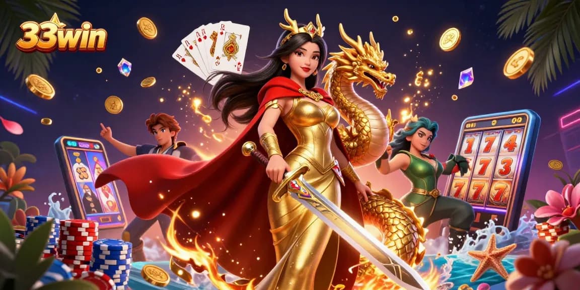Experience thrilling wins at 33win with dynamic casino elements, including golden chips and slot machines.