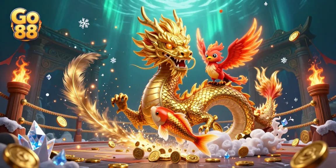Experience exhilarating wins at Go 88 with golden dragons and vibrant symbols in this captivating casino scene.