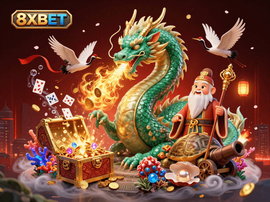 Engage in thrilling gameplay with 8XBET, featuring vibrant visuals of a jade dragon and dynamic casino elements.