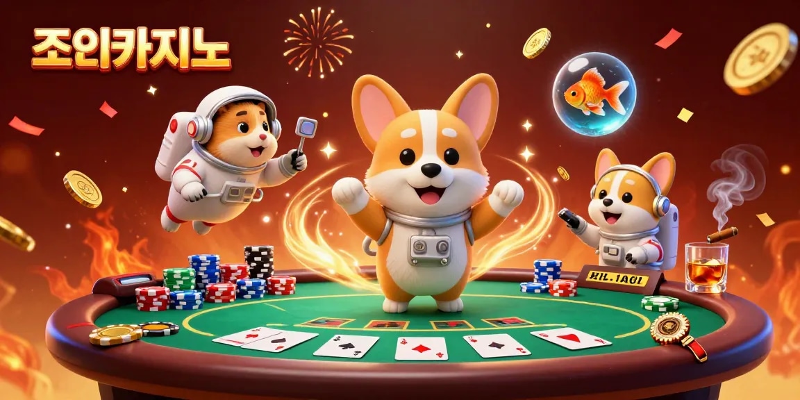 Experience the excitement at 조이카지노 with a vibrant casino scene featuring a floating corgi and poker elements.
