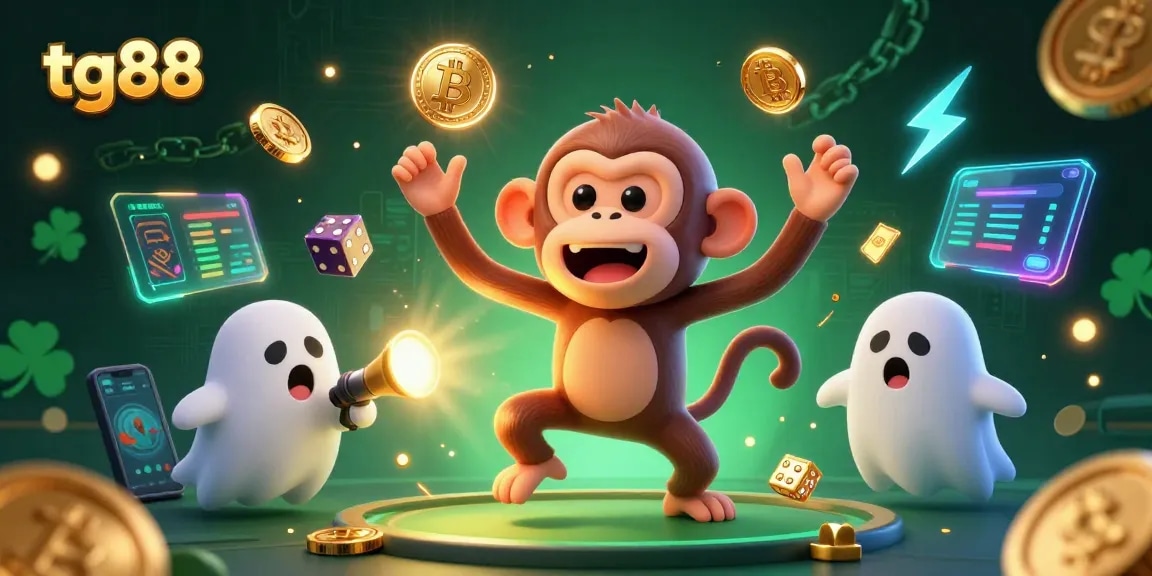 Experience the thrilling tg88 haunted casino scene with a mischievous monkey and a curious puppy tracking golden treasures.