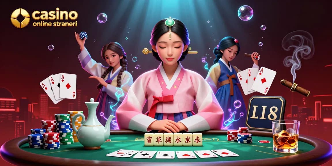 Interagisci con i casino online stranieri attraverso una scena 3D vibrante che presenta una donna asiatica serena e dinamici elementi di poker.