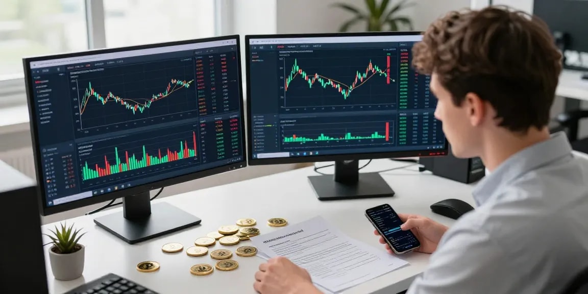 Трейдер анализирует отзывы BitMEX на экранах компьютера в офисе.