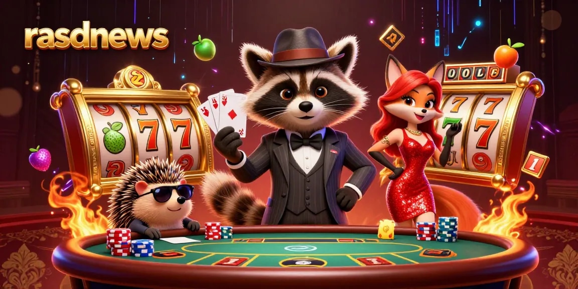 Rasdnews menghadirkan suasana kasino dengan rakun, rubah, dan landak di antara tumpukan chip poker.