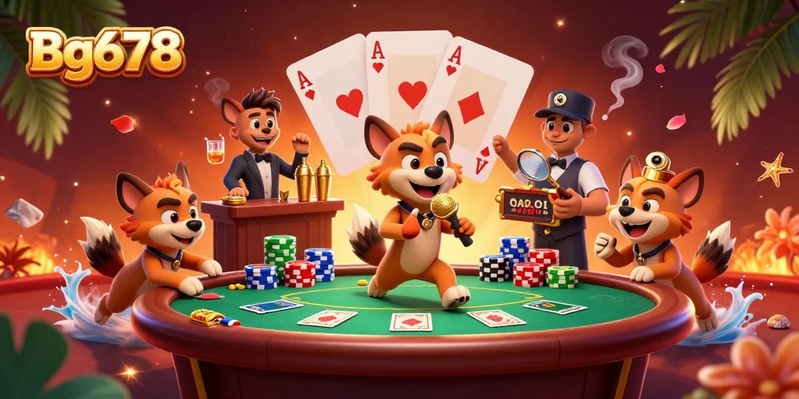 Bg678 featuring hyenas in a cartoon casino scene with poker action and vibrant details