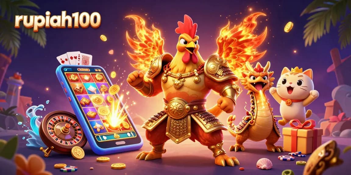 Win big with rupiah100 in this vibrant 3D digital illustration showcasing exciting gambling elements.