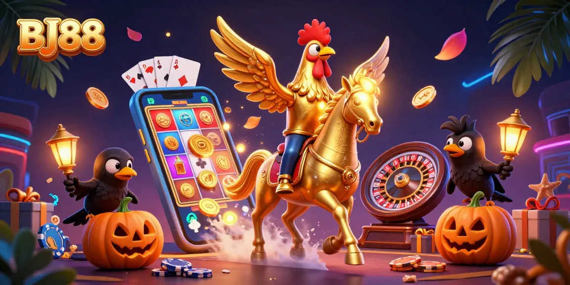 Engage with BJ88's vibrant gaming world featuring a golden rooster amidst rich casino elements.