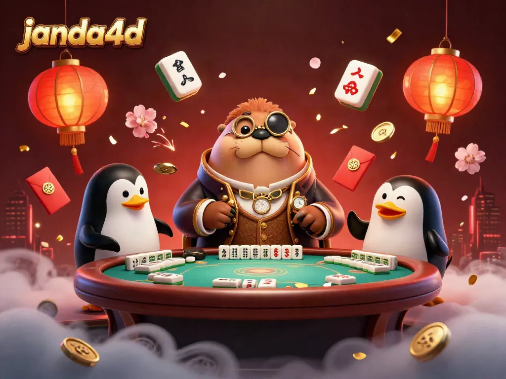 Gambaran janda4d dengan walrus bermain poker di bawah laut, dikelilingi elemen hoki.