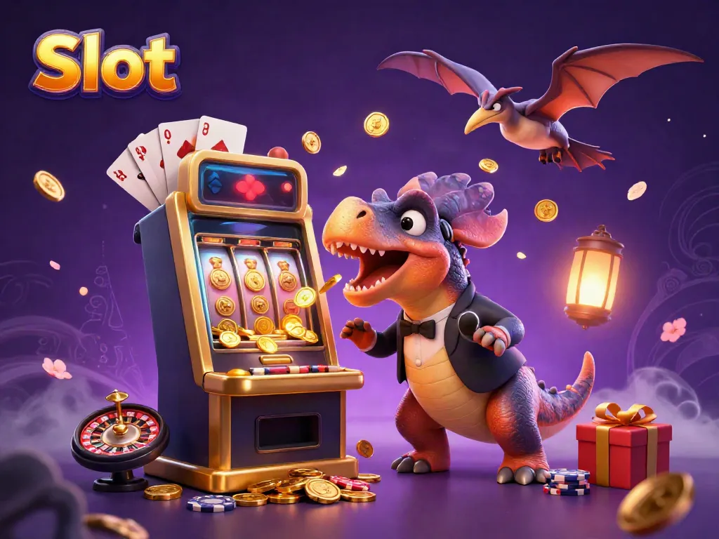 Permainan Slot dengan dinosaurus dan jackpot koin dalam ilustrasi 3D yang memukau.