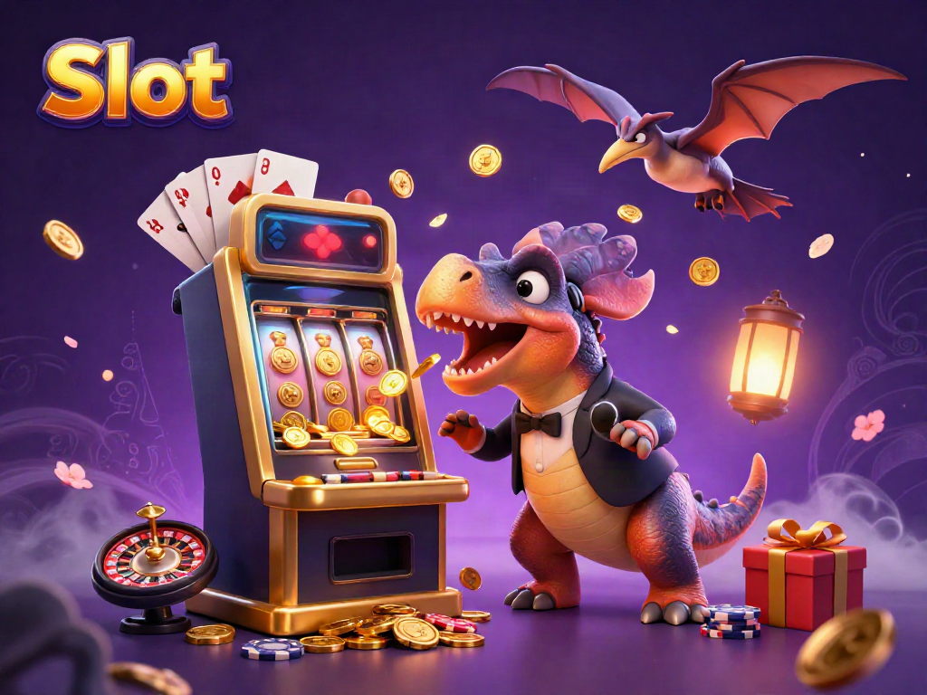 Permainan Slot dengan dinosaurus dan jackpot koin dalam ilustrasi 3D yang memukau.