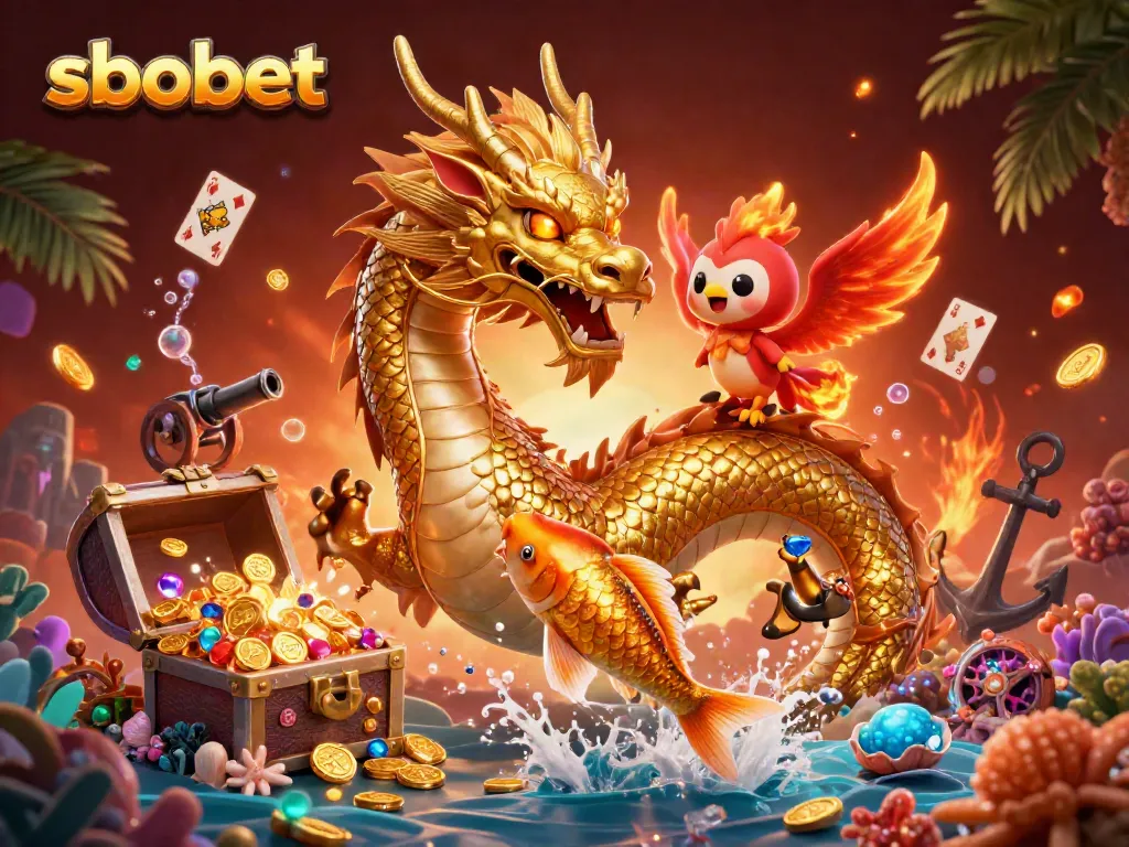 Experience sbobet betting with vibrant golden dragon, phoenix, and koi fish in an immersive 3D scene.
