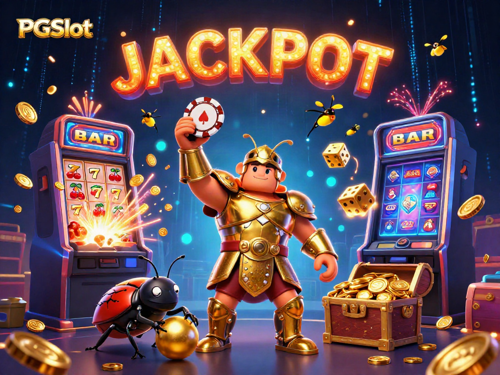Experience the thrill of PGSlot with vibrant characters and jackpot excitement in this captivating illustration.
