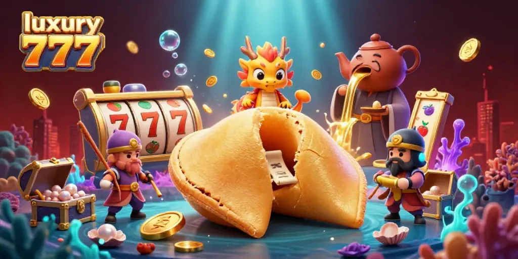 Experience the luxury 777 jackpot with vibrant 3D gambling-themed illustration showcasing slot machines and gold treasures.