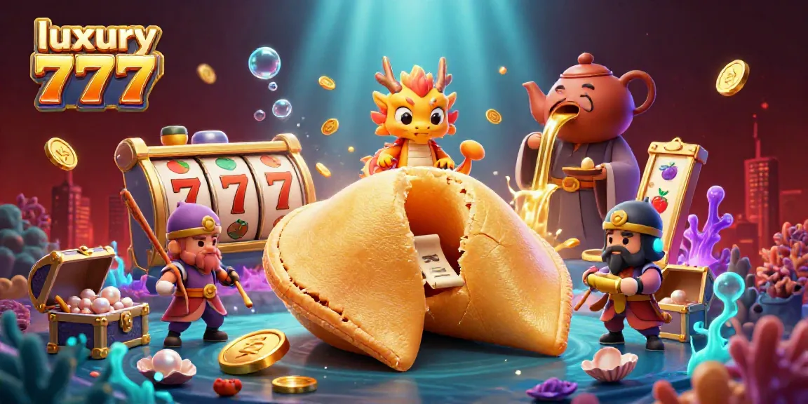 Experience the luxury 777 jackpot with vibrant 3D gambling-themed illustration showcasing slot machines and gold treasures.