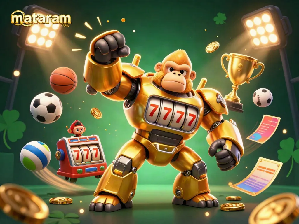 Experience thrilling action in this vibrant casino scene, featuring mataram toto elements like slot machines and sports balls.