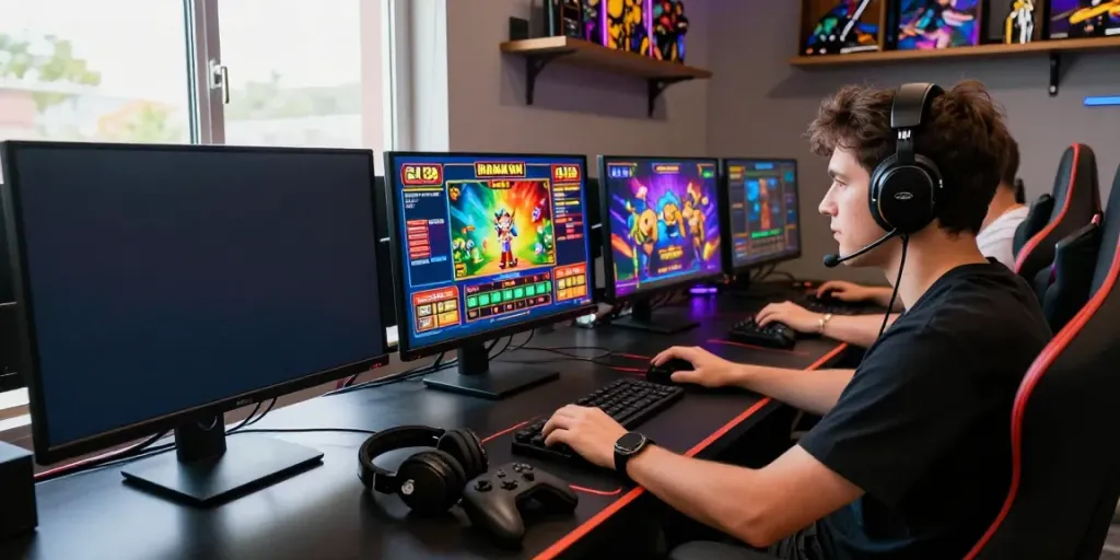 Engaged player enjoying Batman138 online gaming slots, vibrant setup.