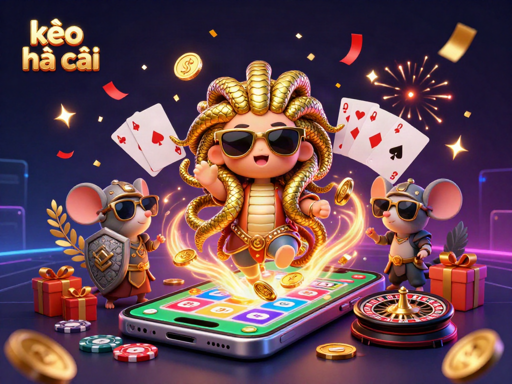 Engage with sports betting through kèo nhà cái, featuring dynamic characters and vibrant casino elements.