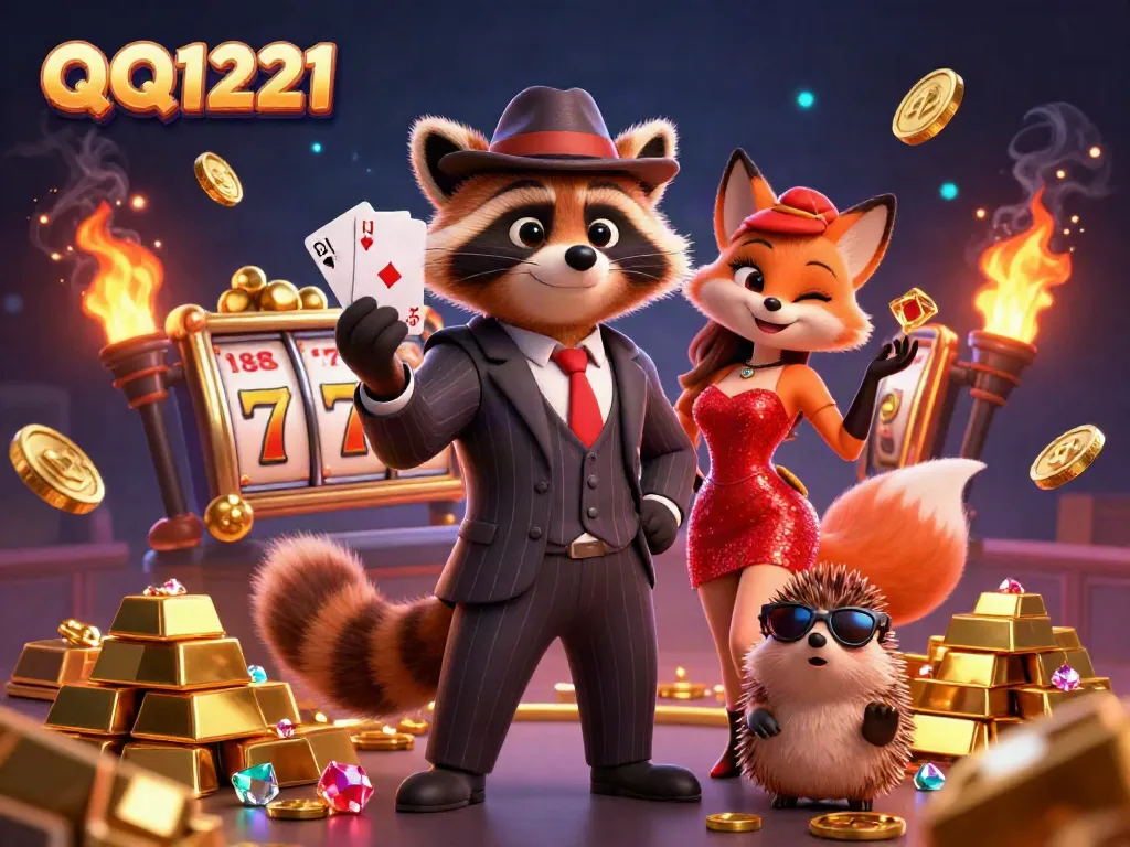 Experience thrilling moments with QQ1221 as a suave raccoon holds a winning royal flush amidst sparkling casino treasures.