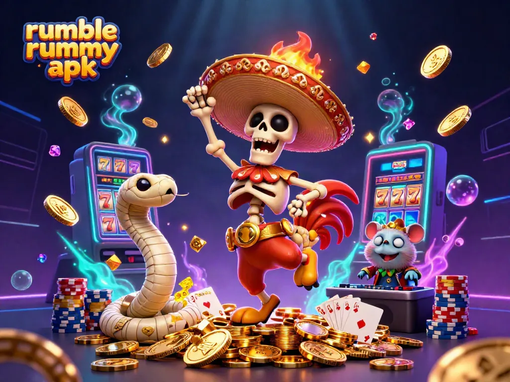 Win big while enjoying Rumble Rummy APK with a fun-filled casino scene illustrated in vibrant colors.