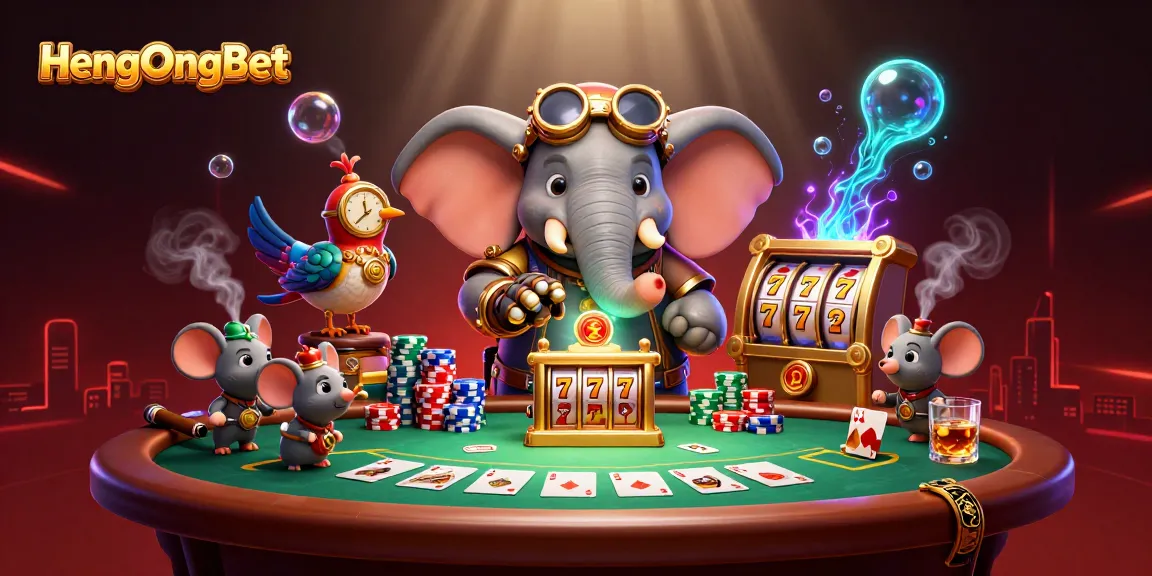 Engage with HengOngBet's vibrant 3D scene featuring a steampunk elephant at a slot machine, rich in casino elements.