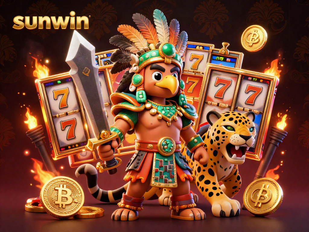 Play exciting slot games at sunwin with Aztec warriors, vibrant coins, and jackpot hype.