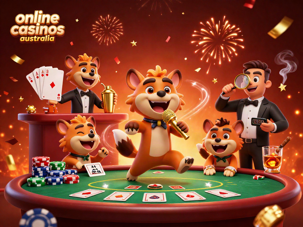 Watch hyenas entertain at online casinos Australia with poker action and vibrant confetti.