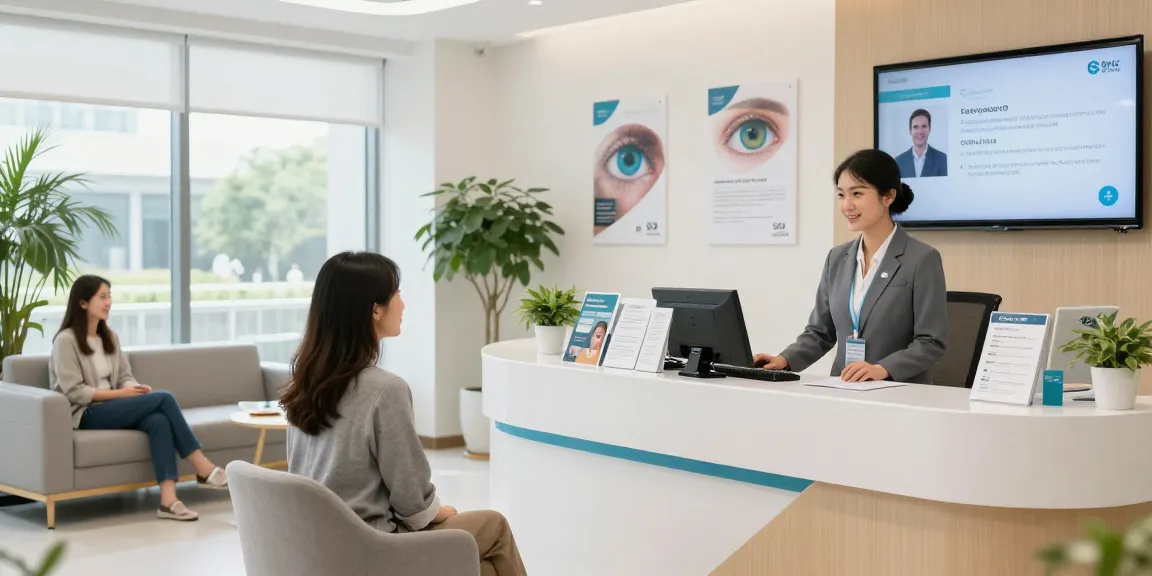 SNU Eye Clinic welcoming environment with friendly receptionist and informative displays promoting eye care services.