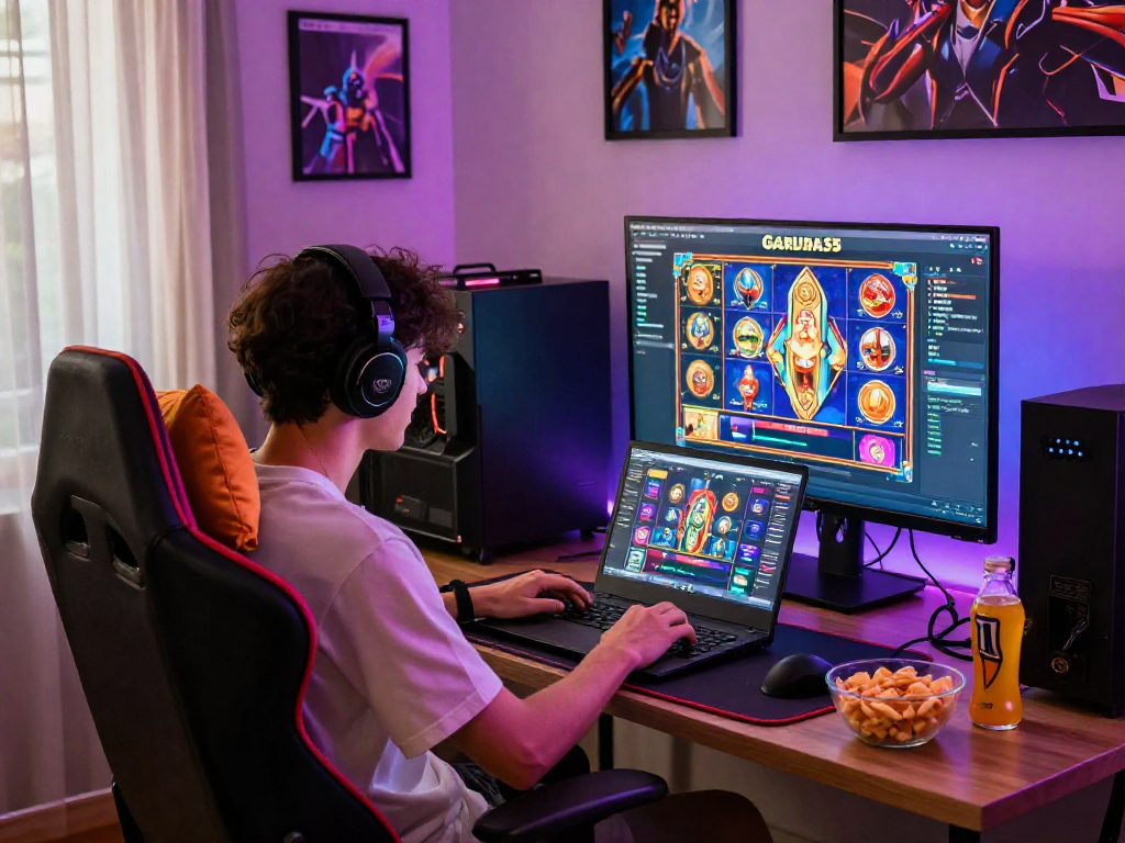 Engaging online gaming setup showcasing vibrant slot games at https://garuda55.com/ with snacks and LED lighting.