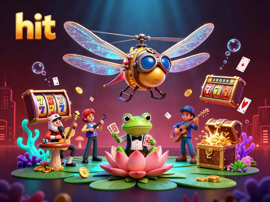 Engage with hit casino experiences showcasing lively dragonfly pilot and frog croupier in a vibrant gaming atmosphere.