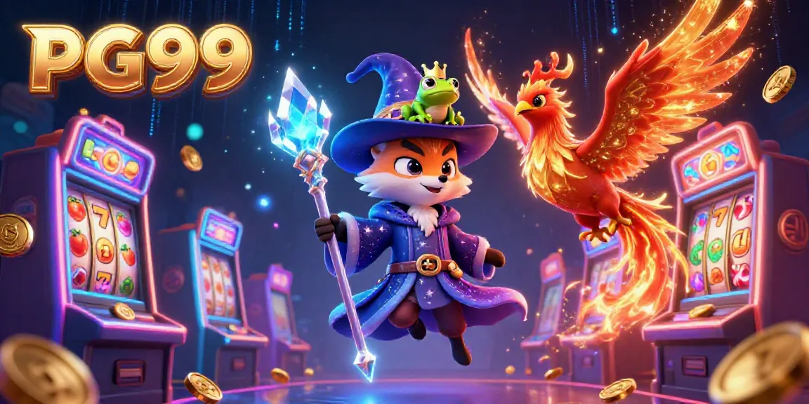Engage in the PG99 casino experience with a wizard fox and phoenix in a vibrant slot machine scene.