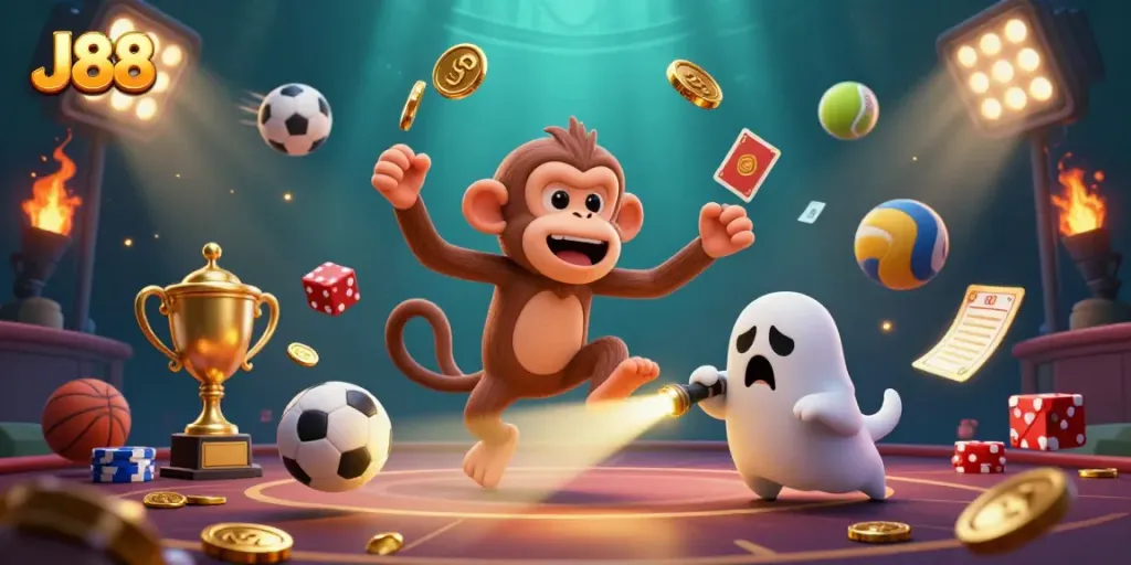 Engage with J88 amidst a vibrant haunted casino atmosphere, showcasing golden gaming elements and a playful chase.