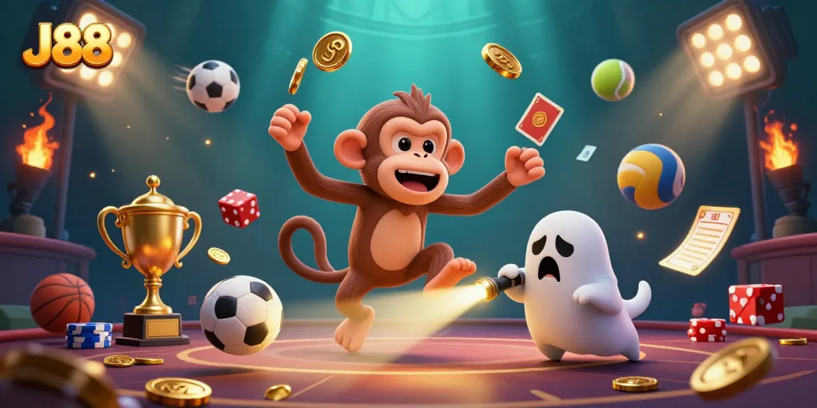 Engage with J88 amidst a vibrant haunted casino atmosphere, showcasing golden gaming elements and a playful chase.