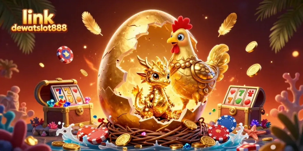 Mengamati link dewataslot888 dengan ilustrasi 3D yang menampilkan telur ular emas besar, simbol slot, dan keripik poker.