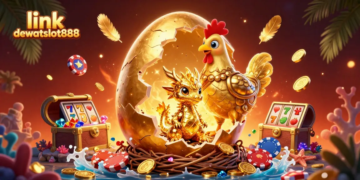 Mengamati link dewataslot888 dengan ilustrasi 3D yang menampilkan telur ular emas besar, simbol slot, dan keripik poker.