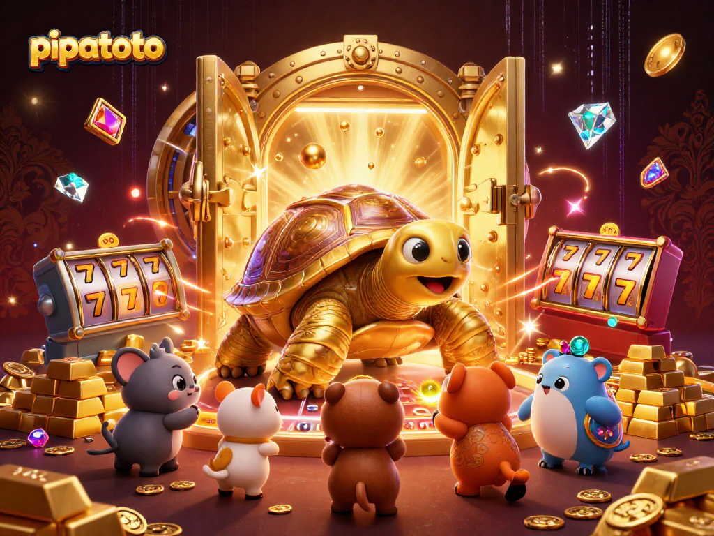 Join exciting gaming action at pipatoto with a golden tortoise pinball machine and treasure.