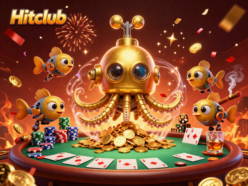 Hitclub promotional illustration featuring a golden kraken submarine in a vibrant casino scene.