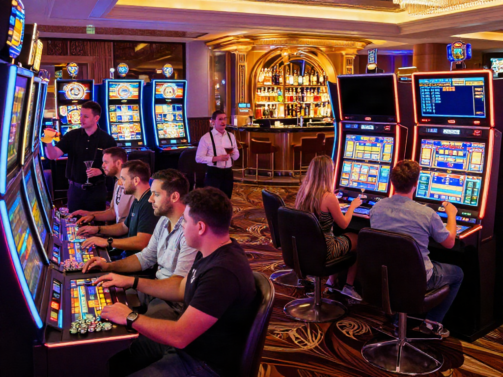 Players enjoying various slot machines in a vibrant casino atmosphere with flashing lights and excitement.