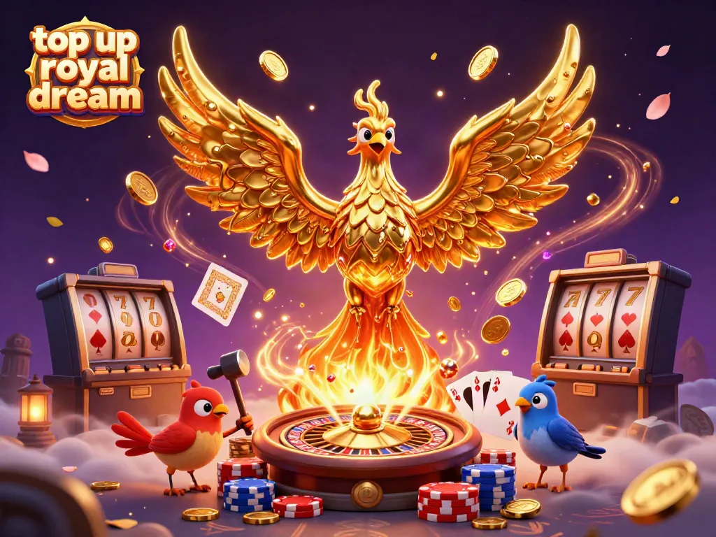 Proses top up royal dream dengan koin emas bertaburan dan phoenix emas menang dengan cepat.