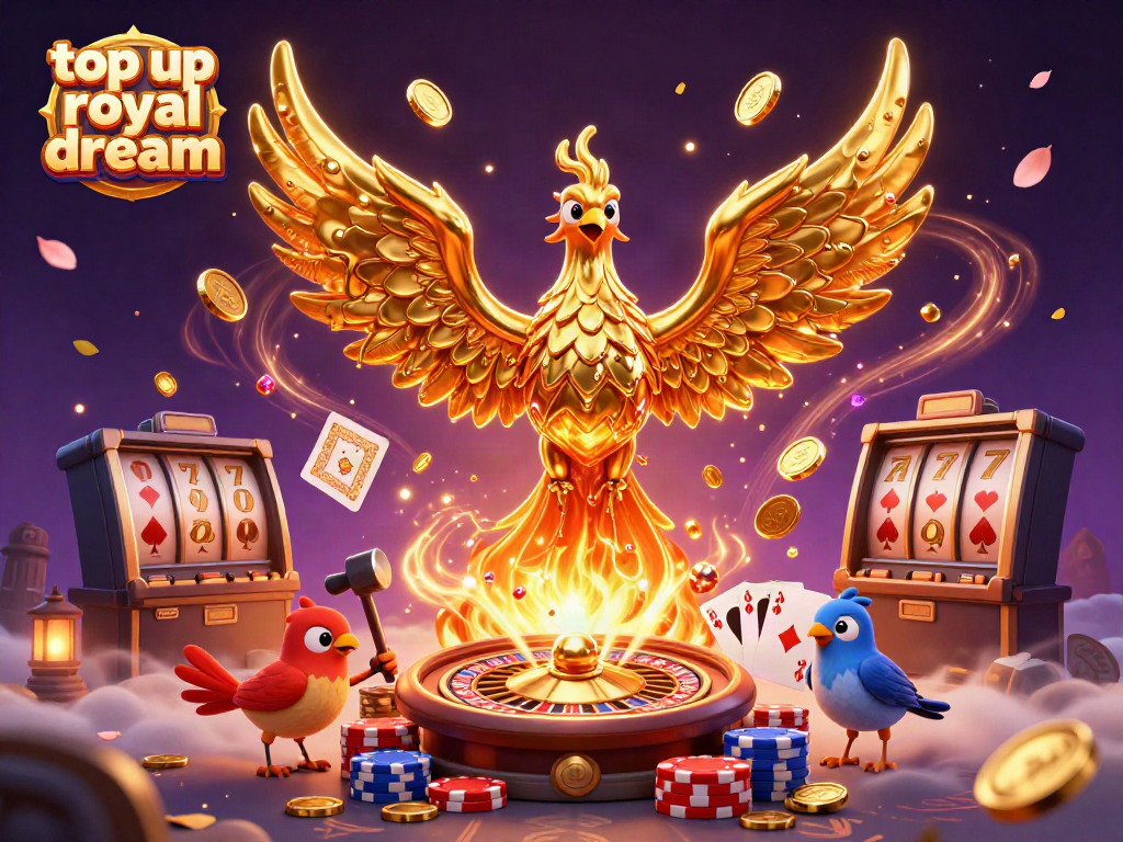 Proses top up royal dream dengan koin emas bertaburan dan phoenix emas menang dengan cepat.