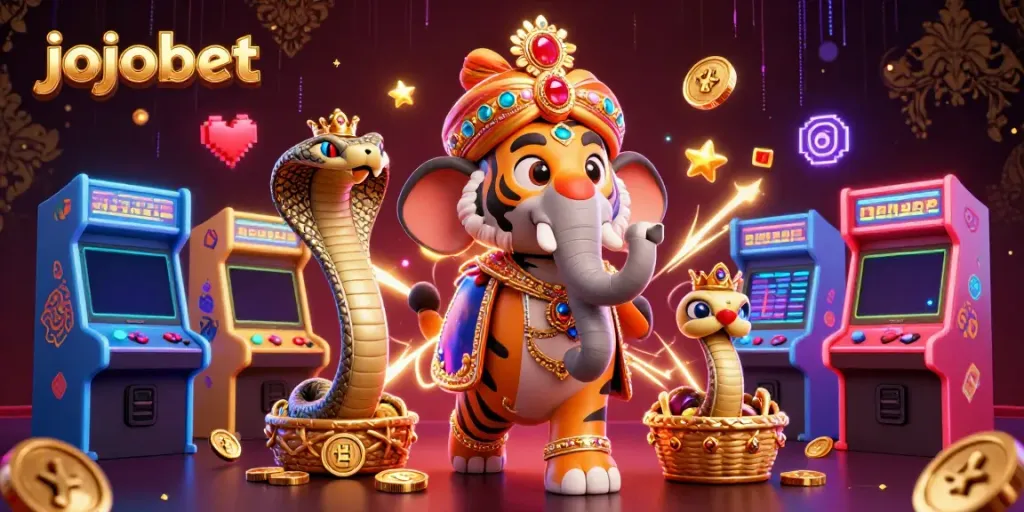Experience vibrant 3D action with jojobet in this casino-themed illustration featuring a maharaja tiger.