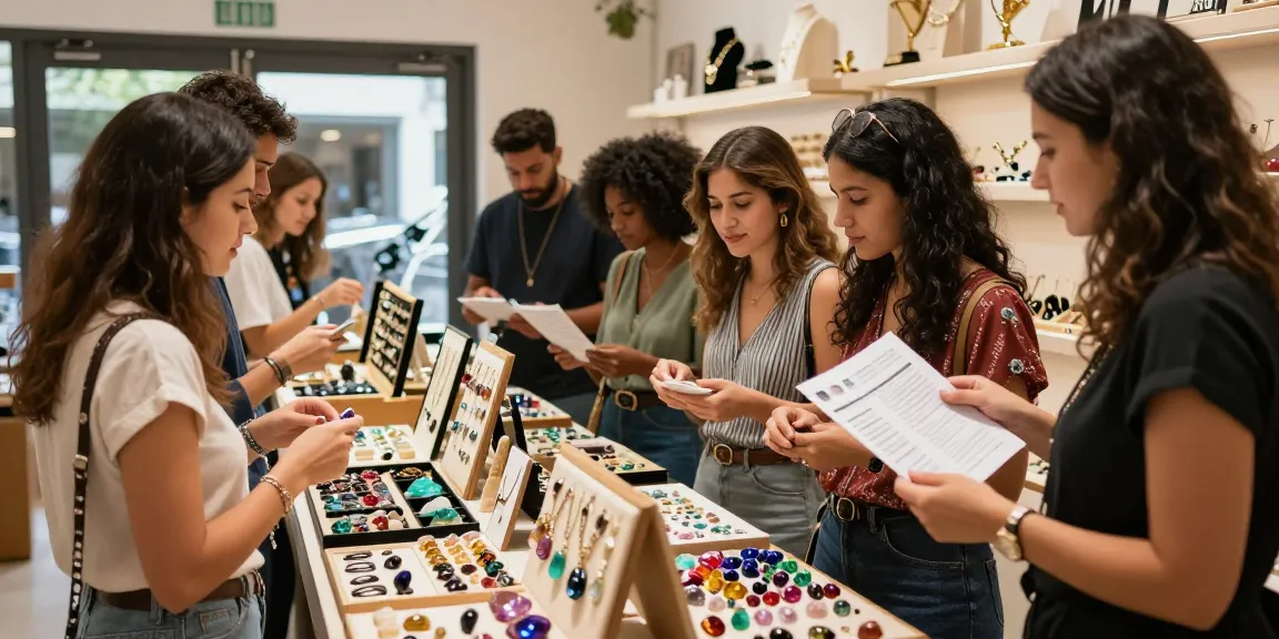 Shoppers exploring the best merchants on https://www.mygemspot.com for quality gemstones in a vibrant marketplace.