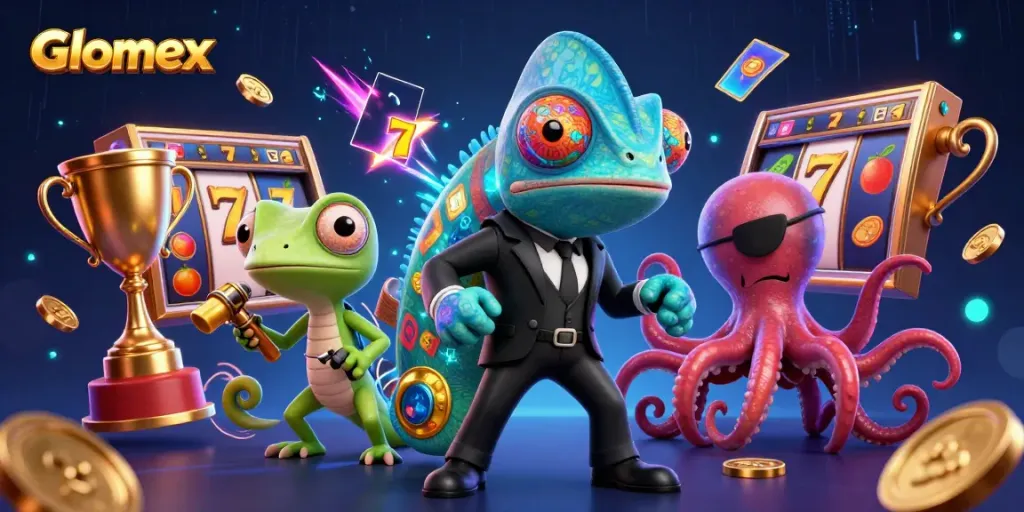 Glomex showcases a dynamic casino scene with chameleon character and slot reels.