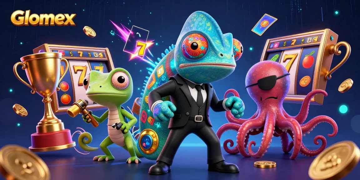Glomex showcases a dynamic casino scene with chameleon character and slot reels.